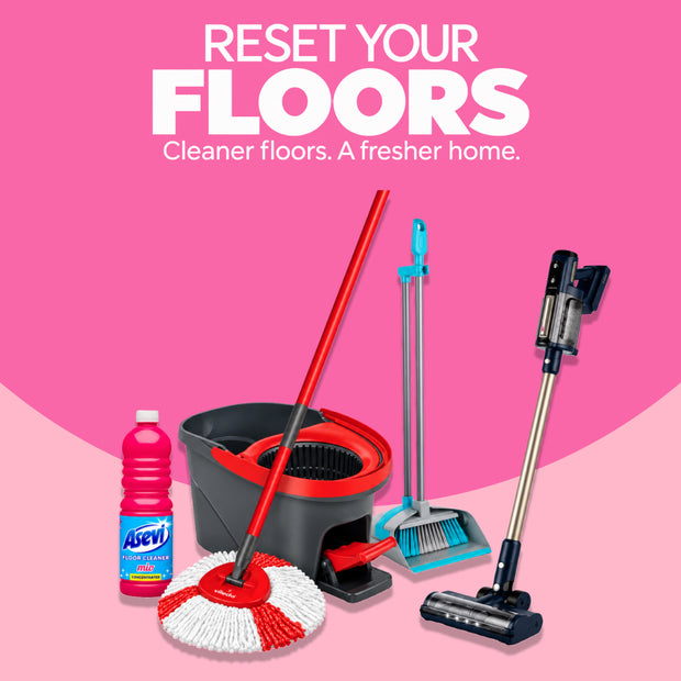 Your Floors cleaning collection from Napev featuring an Asevi floor cleaner, Vileda Turbo spin mop and bucket, upright broom and dustpan set, and cordless stick vacuum, arranged against a blue background for easy floor cleaning and home care in Ghana.