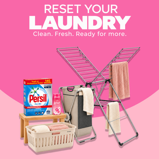 Reset Your Laundry collection featuring Persil Professional Non Bio laundry detergent, Lenor in wash scent booster, Brabantia laundry basket, folding laundry hamper, winged clothes drying rack and towels, arranged as practical laundry care and organisation essentials from Napev Ghana.
