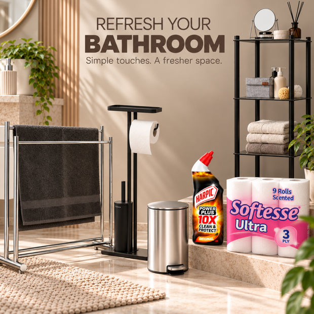 Refresh Your Bathroom collection featuring bathroom storage, towel rack, toilet roll holder, pedal bin, Harpic cleaner and Softesse toilet tissue in a modern organised bathroom.