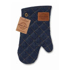 Cooksmart Oxford Denim single oven glove in dark blue quilted fabric with product tag, hanging eyelet and brown brand patch.