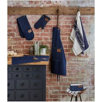 Cooksmart Oxford Denim kitchen textile collection featuring oven gloves, apron and tea towels in a rustic kitchen setting.