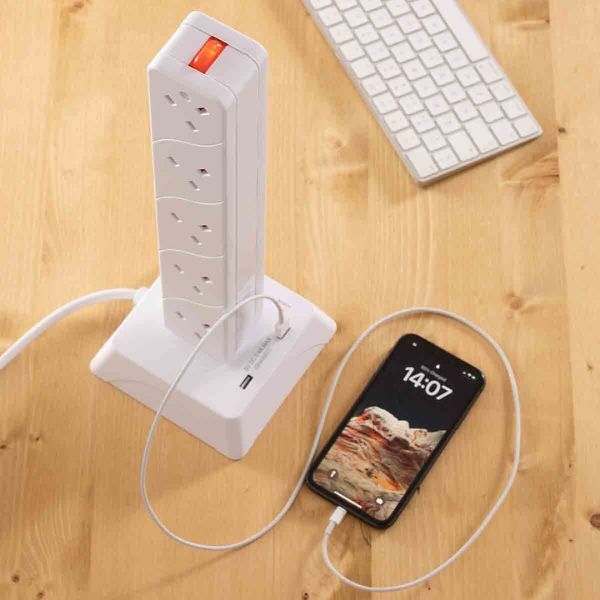Daewoo 2M 10-Gang Tower Extension Lead Power Strip Sockets with 2 USB Port at Napev GH