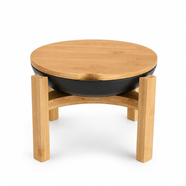 Dalebrook Nimble 245mm buffet stand with four bamboo legs, a black serving bowl and fitted round bamboo lid.