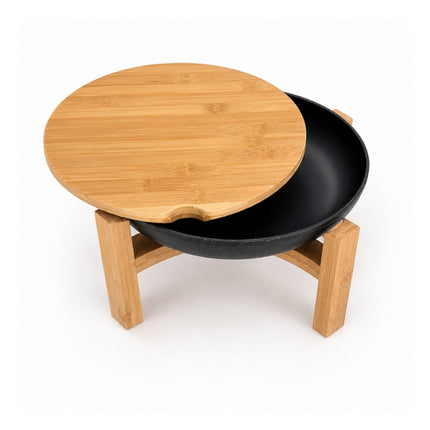 Dalebrook Nimble buffet stand with the bamboo lid partially removed to reveal the black serving bowl.