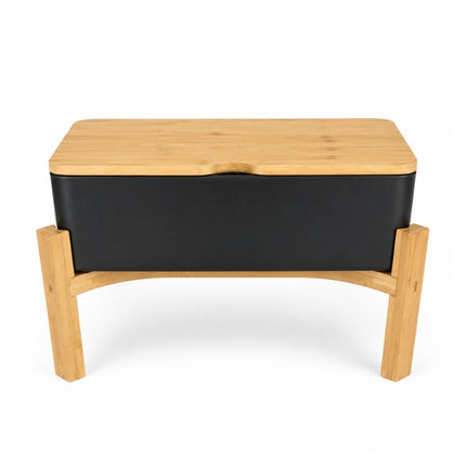 Dalebrook Nimble 290 x 375 x 180mm raised buffet stand with bamboo frame, black serving tray and fitted bamboo lid.