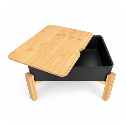 Dalebrook Nimble buffet stand with the bamboo lid partially removed to reveal the black serving tray.