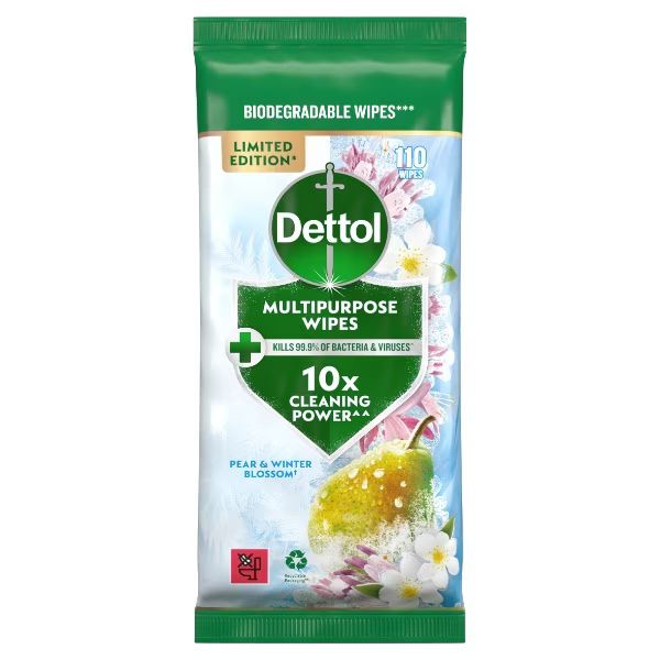 Dettol Multi-Purpose Biodegradable Cleaning Wipes Pear & Winter Blossom, limited edition pack of 110 wipes for household surface cleaning.