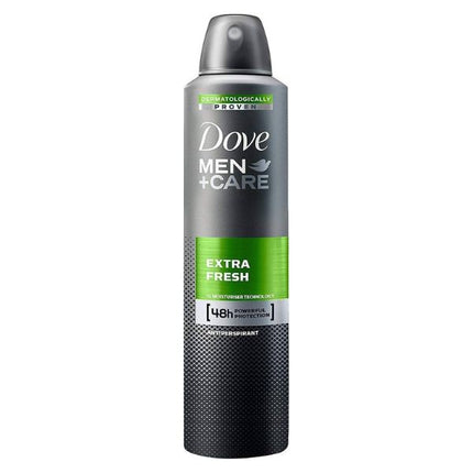 Dove Men+Care Extra Fresh 250ml antiperspirant deodorant spray in grey and black packaging with green label and 48-hour protection.
