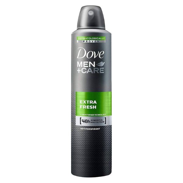 Dove Men+Care Extra Fresh 250ml antiperspirant deodorant spray in grey and black packaging with green label and 48-hour protection.