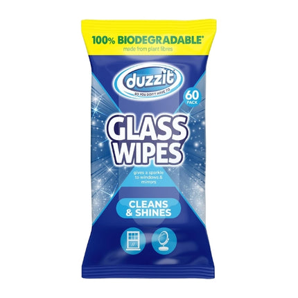 Duzzit 60-pack biodegradable glass wipes in blue and yellow packaging, designed to clean and shine windows and mirrors.