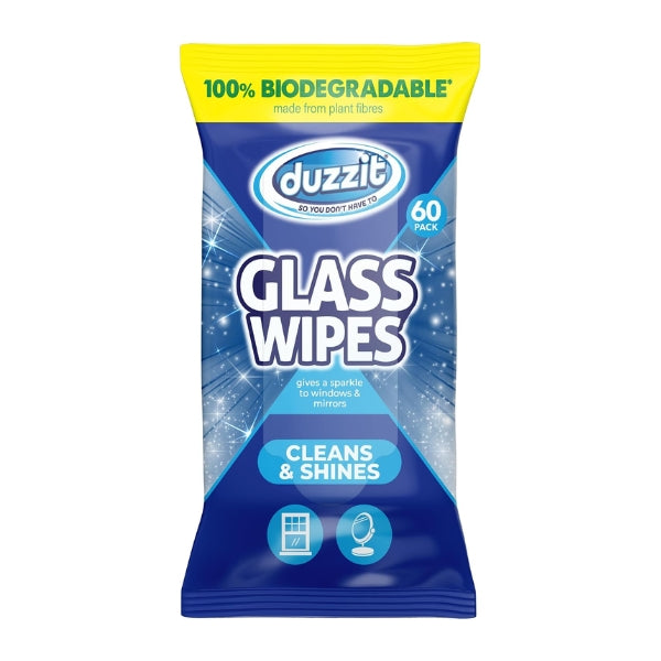 Duzzit 60-pack biodegradable glass wipes in blue and yellow packaging, designed to clean and shine windows and mirrors.