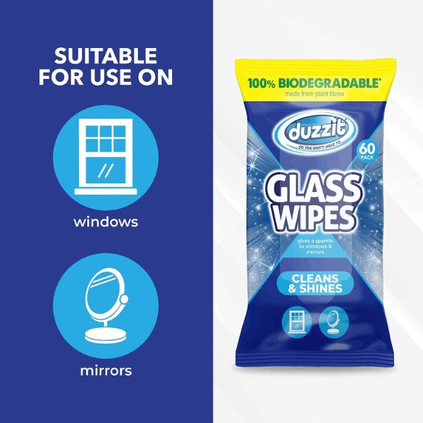 Duzzit biodegradable glass wipes promotional graphic showing the 60-pack and icons indicating suitability for windows and mirrors.