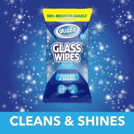 Duzzit 60-pack biodegradable glass wipes on a sparkling blue background with the message “Cleans & Shines.”