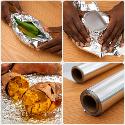 Four-panel collage showing aluminium foil used to wrap vegetables, cover a bowl, roast sweet potatoes and prepare food.