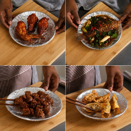 Four-panel collage of foil-lined plates holding chicken wings, cooked fish with vegetables, meat pieces and dumplings.
