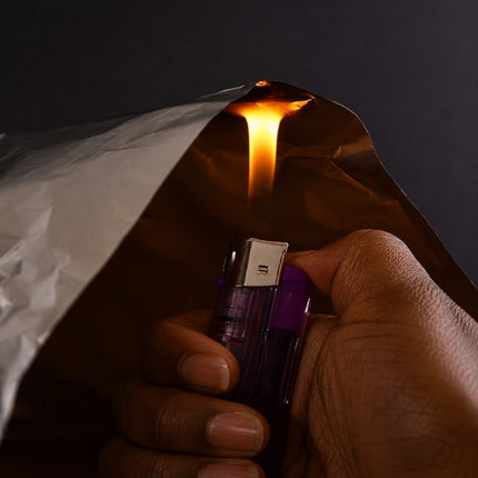 Close-up of a lit lighter held beneath a curved sheet of aluminium foil against a dark background showing it's durability and resistance against heat