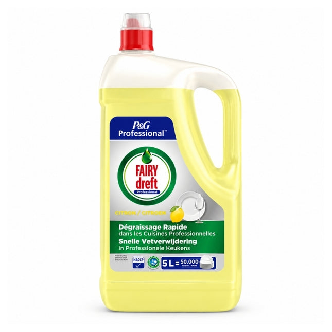Fairy Dreft Professional Original Lemon dishwashing liquid in a 5L handled bottle with yellow detergent and a red measuring cap.