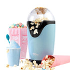 Blue and black popcorn maker on a white background with popcorn and slushie next to it
