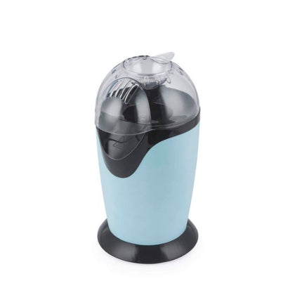 A light blue and black electric popcorn maker with a clear lid, shown on a plain white background.