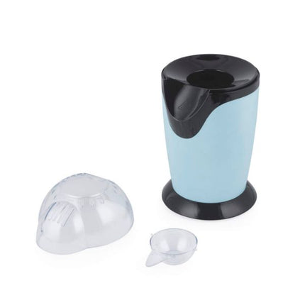 A light blue and black electric popcorn maker shown with its clear plastic lid and small clear bowl accessory on a white background.