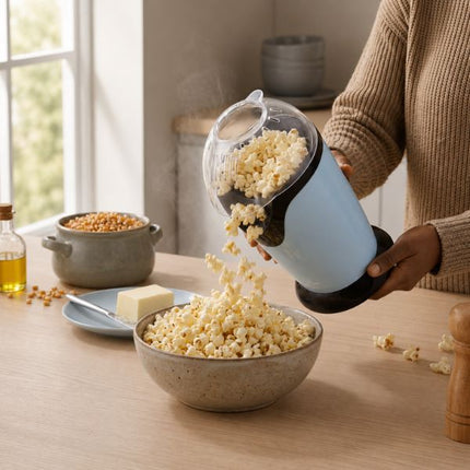 A person in a beige sweater pours freshly popped popcorn from a light blue and black electric popcorn maker into a speckled bowl on a wooden table, with raw popcorn and butter nearby in a kitchen setting.