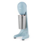 A light blue milkshake maker with a stainless steel mixing bowl, shown against a plain white background.