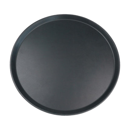 Top view of the Grunwerg Tuffgrip Super black round plastic serving tray with a textured surface and raised rim.