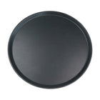 Top view of the Grunwerg Tuffgrip Super black round plastic serving tray with a textured surface and raised rim.
