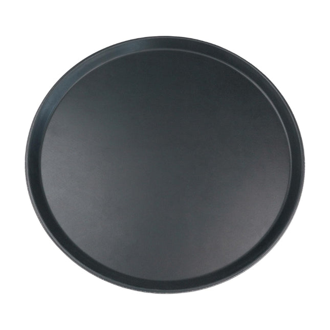 Top view of the Grunwerg Tuffgrip Super black round plastic serving tray with a textured surface and raised rim.
