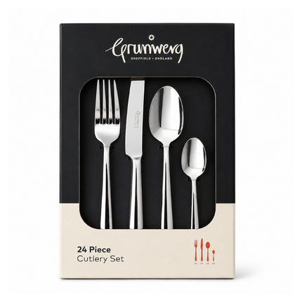 Grunwerg Westminster 24-piece stainless steel cutlery set in presentation packaging, showing a table fork, knife, tablespoon and teaspoon.