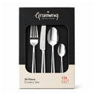 Grunwerg Westminster 24-piece stainless steel cutlery set in presentation packaging, showing a table fork, knife, tablespoon and teaspoon.