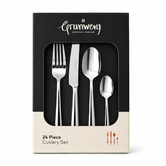 Grunwerg Westminster 24-piece stainless steel cutlery set in presentation packaging, showing a table fork, knife, tablespoon and teaspoon.
