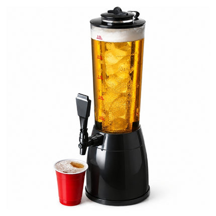 2.5L Ice-core beverage dispenser filled with beer, with ice in the central cooling tube and a red cup beside the tap.