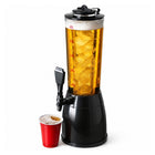 2.5L Ice-core beverage dispenser filled with beer, with ice in the central cooling tube and a red cup beside the tap.