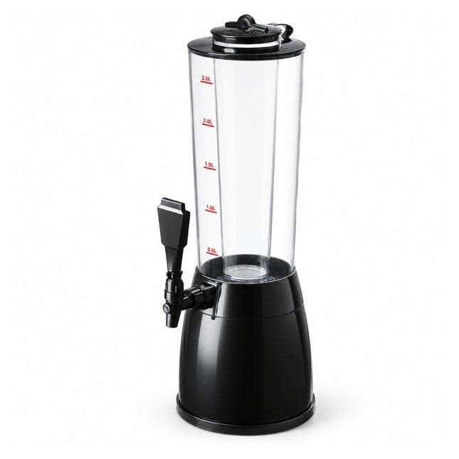 Empty 2.5L Ice-core beverage dispenser with a clear graduated container, black lid, serving tap and wide black base.