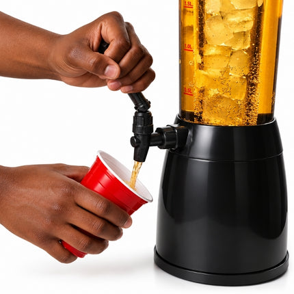 Close-up of a hand using the beverage dispenser tap to pour chilled beer into a red cup.