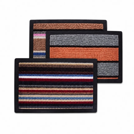 Assorted 80 x 120cm rectangular indoor doormats with multicoloured striped designs and black borders.