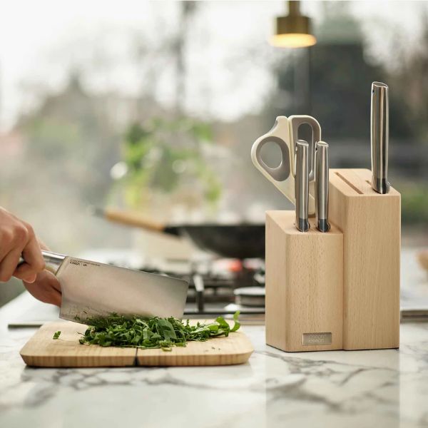 JosephJoseph Elevate Fusion 5-piece Knife & Scissor Set with Beechwood Block at Napev GH