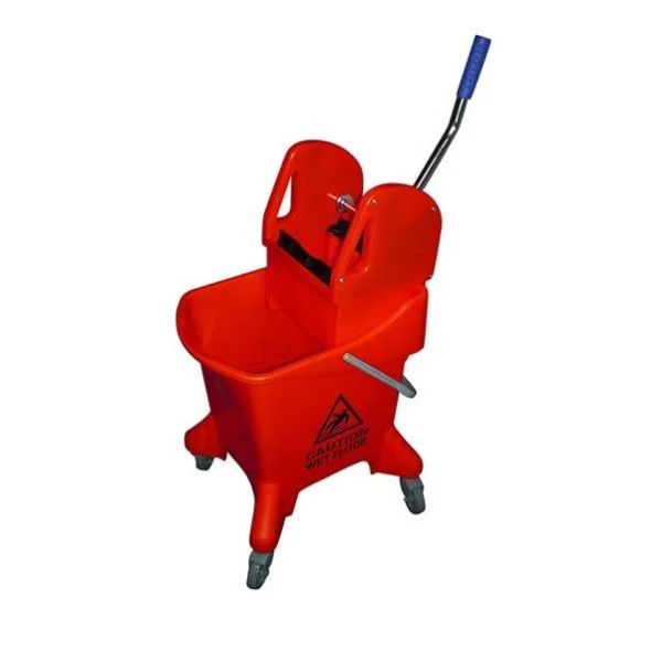 Red Kentucky 25L commercial mop bucket with wringer, wheels and wet floor caution symbol.