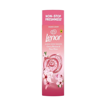 Lenor Cherry Blossom and Rose Water 275g in-wash scent booster beads in a pink container decorated with cherry blossoms.