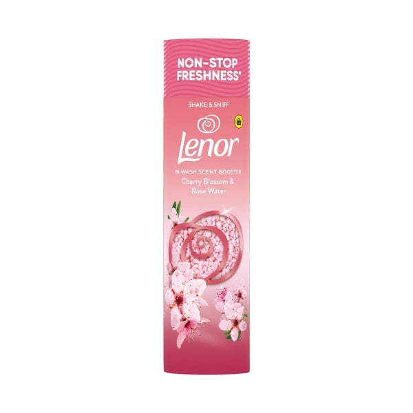 Lenor Cherry Blossom and Rose Water 275g in-wash scent booster beads in a pink container decorated with cherry blossoms.