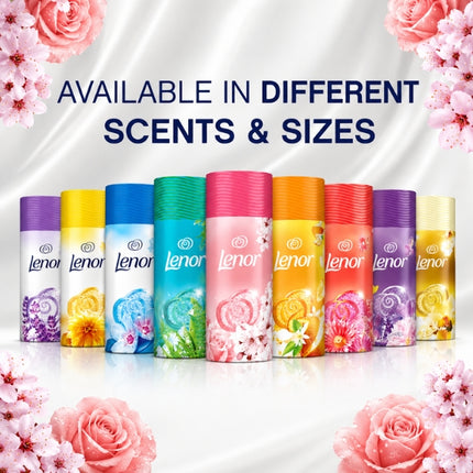 Line-up of colourful Lenor in-wash scent booster containers highlighting the range of available fragrances and sizes.