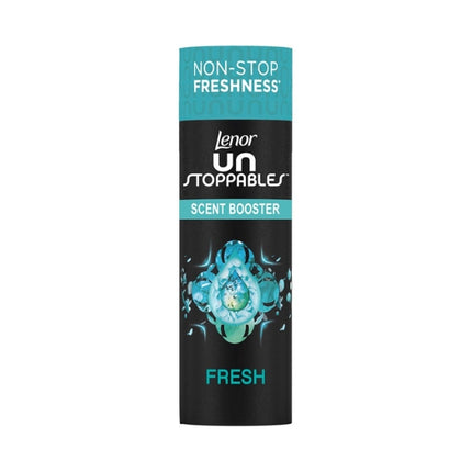 Lenor Unstoppables Fresh 375g in-wash scent booster beads in black and turquoise packaging.