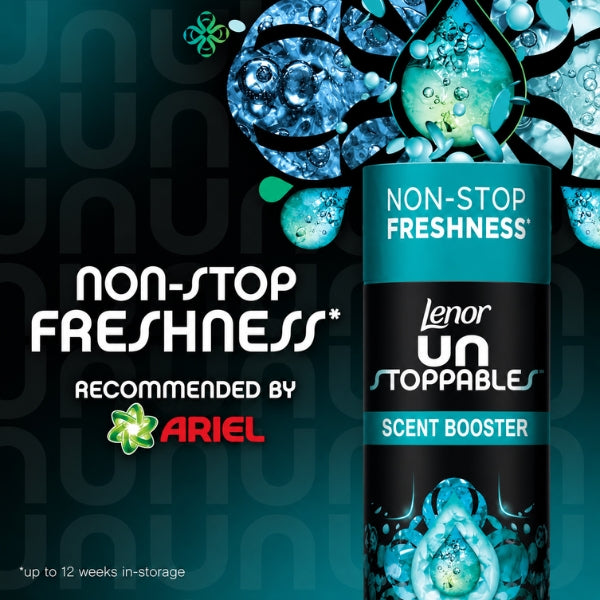 Lenor Unstoppables Fresh scent booster promotional graphic highlighting non-stop freshness for up to 12 weeks in storage and Ariel recommendation.