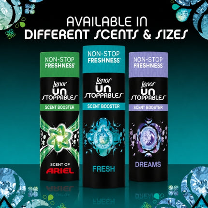 Three Lenor Unstoppables scent booster varieties—Scent of Ariel, Fresh and Dreams—highlighting the available fragrances and sizes.