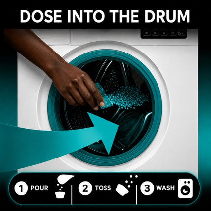 Hand pouring turquoise Lenor Unstoppables beads directly into a washing machine drum, with three steps: pour, toss in laundry and wash.