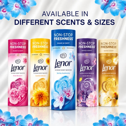 Five Lenor in-wash scent booster varieties in colourful packaging, highlighting the range of available fragrances and sizes.
