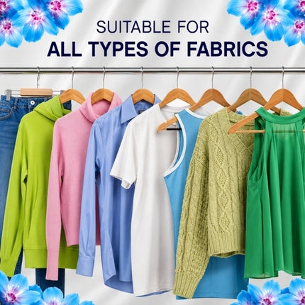 Rail of colourful clothing showing that Lenor Spring Awakening scent booster beads are suitable for all fabric types.