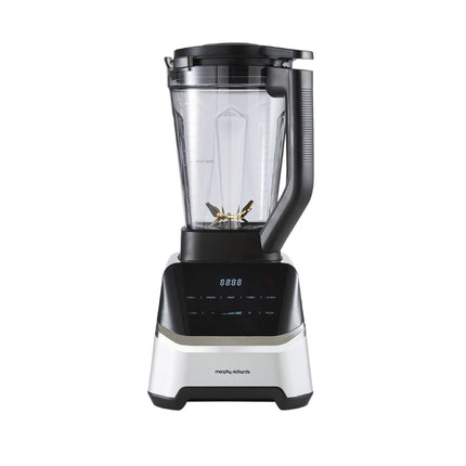Morphy Richards multifunctional jug blender with a clear handled jug, black lid, digital touch controls and silver-and-black base.