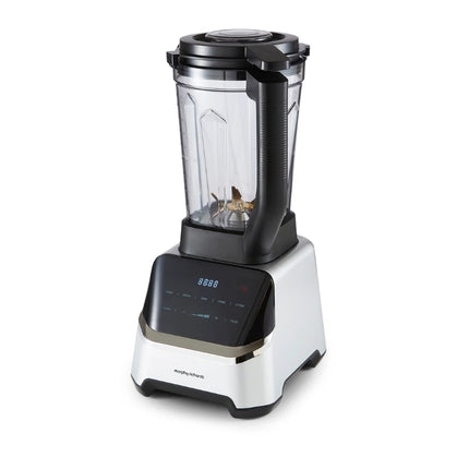Morphy Richards multifunctional jug blender shown at an angle with clear jug, digital touch panel and silver-and-black base.